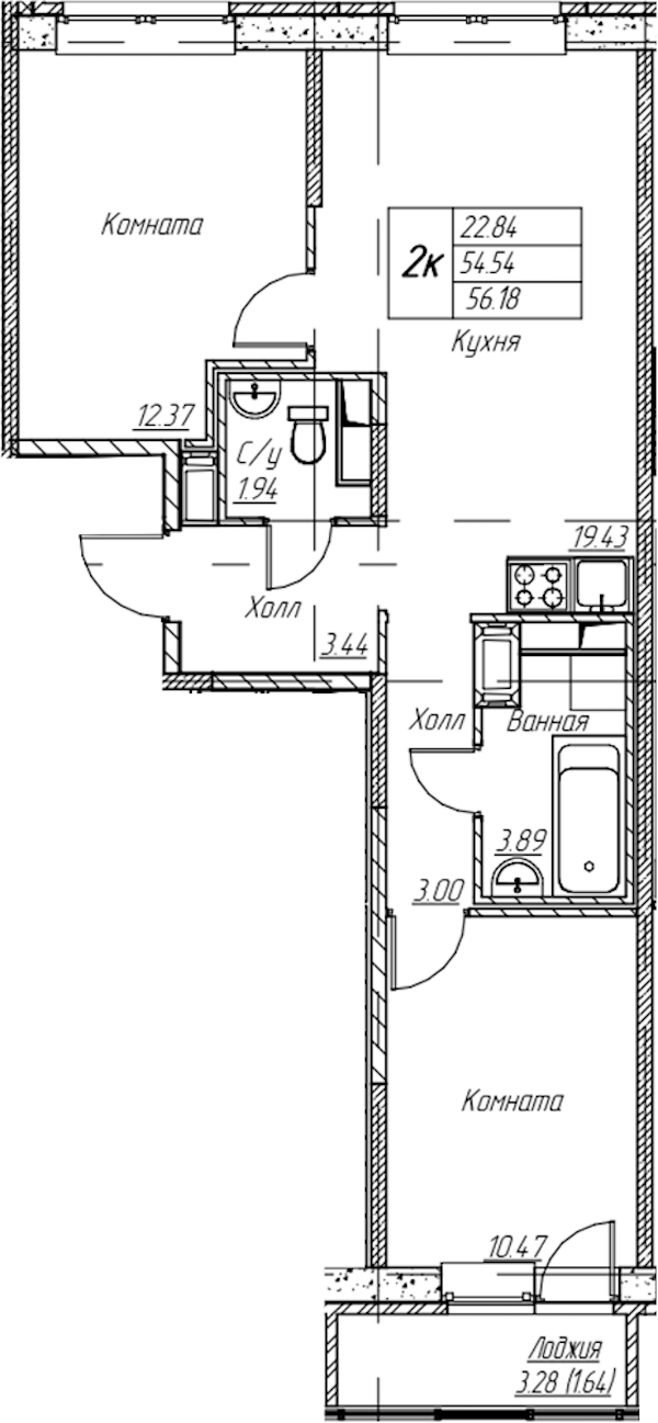 2-комнатная квартира 56.18 м², 9/22 эт., ЖК «Парк-квартал Юнтолово»